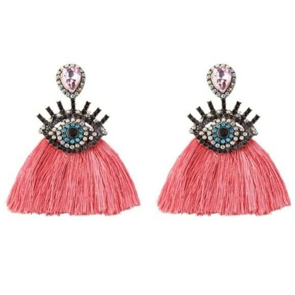 Pink Tassel Boho Crystal Evil Eye Eyelash Earrings - Picture 2 of 2